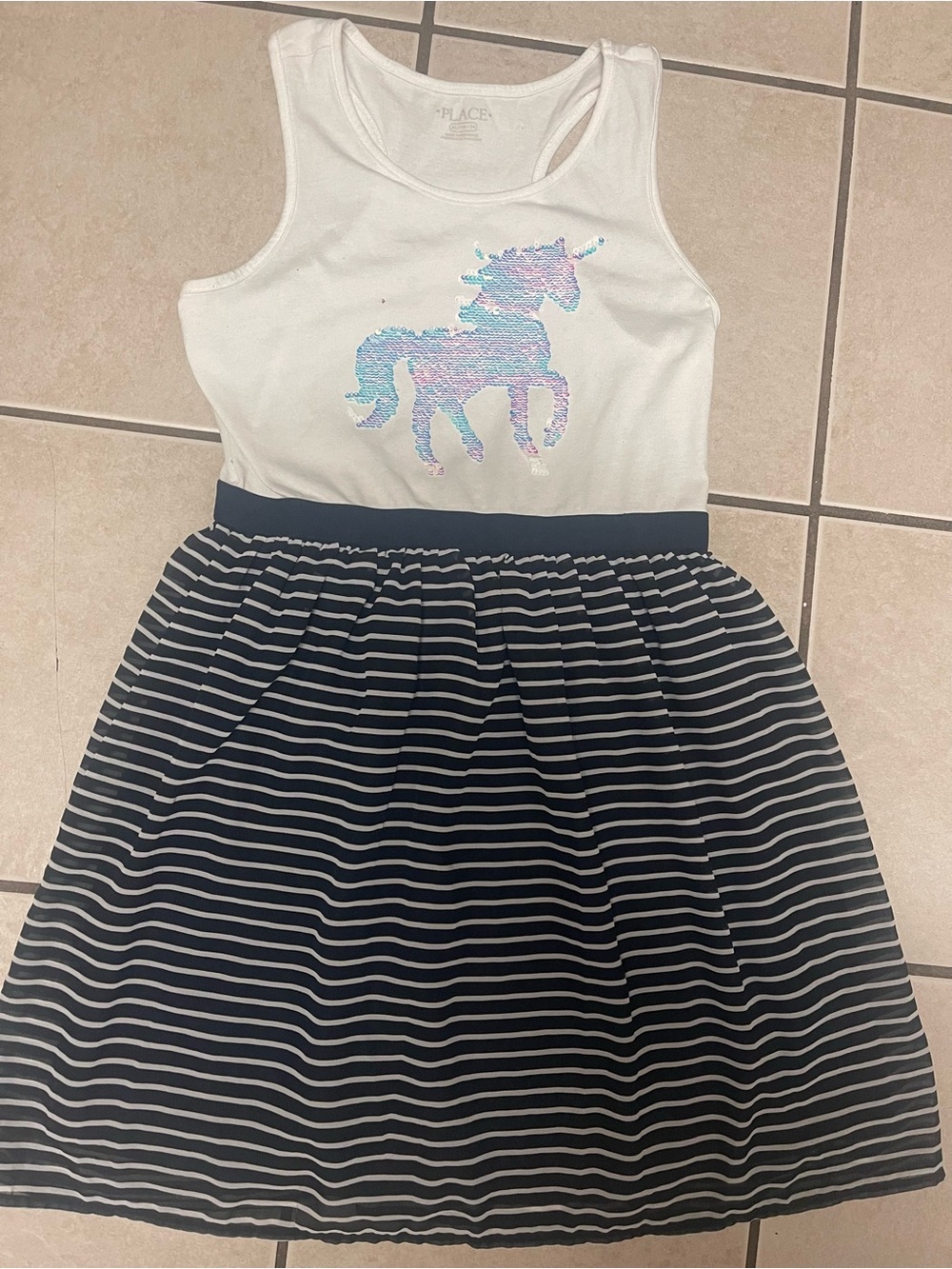 The Children’s Place White Tank & Navy Stripe Unicorn Dress